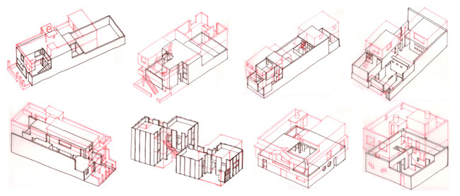 Croquis de ocho proyectos en PREVI Lima, en su etapa inicial, y su estado actual después de 35 años de evolución